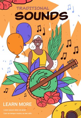 Kadın gitarla yapılan geleneksel müzik kutlaması balonları canlı renkler bırakır soyut arka plan tasarım şablonu Vektör illüstrasyonu