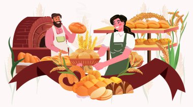 Fırın sahnesinde fırının önünde çeşitli ekmekler sunan fırıncılar var. Etrafı buğday ve pastalarla çevrili. Sıcak renkler ve neşeli bir atmosfer. Vektör illüstrasyonu.