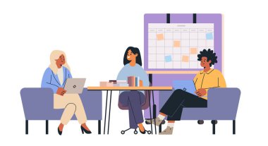 İş toplantısı takım çalışması ofis sahnesi üç meslektaşım proje dizüstü bilgisayarlarını tartışıyor takvim arka planı modern çalışma alanı illüstrasyonu