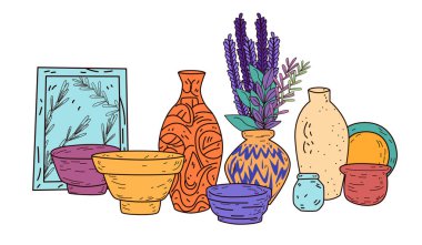 Dekoratif çömlek ve vazolar lavanta düzenleme renkli seramik kaseler ve tabaklar sanatsal ev dekorasyonu unsurları elle çizilmiş stil vektör çizimi.