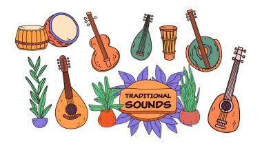 Geleneksel müzik aletleri ve bitkiler renkli el yapımı gitarlar davullar dekoratif tasarım unsurları beyaz arka plan çizimi bırakır