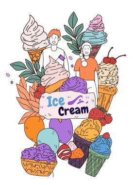 Dondurma temalı renkli koniler ve insanlarla dolu kepçeler neşeli bir kompozisyonda balon ve böğürtlen bırakır. İnternet sitesi tasarımı ve afişleri için mükemmel. Vektör illüstrasyonu.