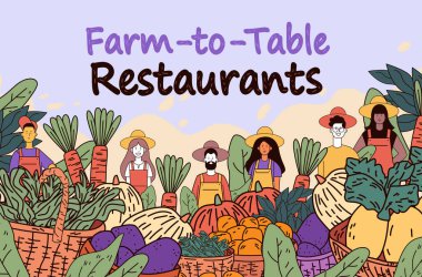 Çeşitli çiftçilerin sepetlerde taze sebzeler ve meyveler sergiliyor renkli arka plan tarımsal temalı Vector illüstrasyonları.