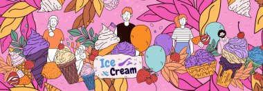 Ice cream theme colorful playful design features smiling people surrounded by various ice cream cones leaves and balloons on a vibrant pink background. Vector illustration. clipart