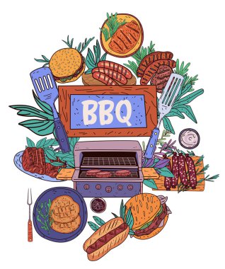 BBQ ızgara yemek yaz ziyafeti rengarenk et sebzeler sosis spatula açık hava piknik şenliği tasarımı Vektör çizimi