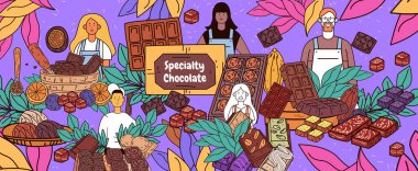 Specialty chocolate artisans cacao beans leaves colorful scene with diverse chocolatiers cocoa pods and assorted chocolate bars on a vibrant purple background Vector illustration. clipart