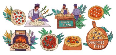 Gurme pizza hazırlama şefi aşçılık sahnesi. Renkli elementler arasında hamur hamuru pişirilmiş fırın pizzaları ve taze malzemeler yapan şefler de var. Yemek temalı tasarımlar için mükemmel. Vektör illüstrasyonu.