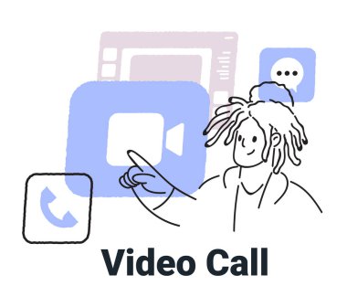 Video çağrısı konsept kişi minimalist el çizimi biçim illüstrasyonunda iletişim simgeleri ile etkileşim