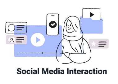 Minimalist el çizimi biçim illüstrasyonunda simgeler ve medya unsurlarıyla çevrili kişi ile sosyal medya etkileşimi kavramı.