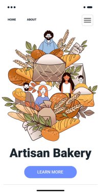 Artisan bakery concept with diverse people surrounded by bread wheat and leaves colorful design for website or mobile app landing page. Vector illustration. clipart