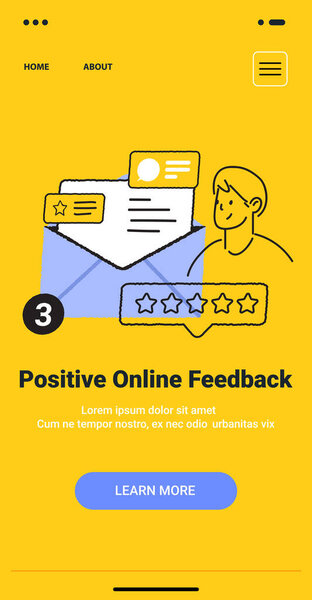 Позитивная онлайн-концепция обратной связи с рейтингом звезды конверта и человек в минималистском стиле каракули на желтом фоне экрана мобильного приложения