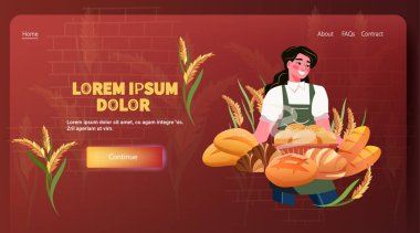 Baker 'ın elinde ekmek fırını teması sıcak renkler buğday arkaplan web sitesi tasarımı illüstrasyonu.