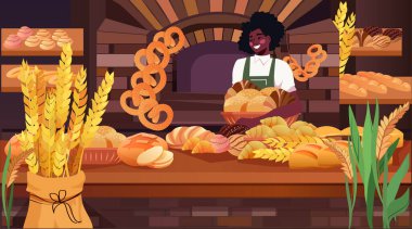 Bakery scene with smiling baker showcasing various breads and pastries in a rustic setting with wheat decor. Perfect for website design or banner. Vector illustration. clipart