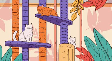 Cats on colorful climbing tree playful scene. Three cats relax on a vibrant cat tree surrounded by leaves and abstract shapes. Cozy indoor pet environment. Vector illustration. clipart