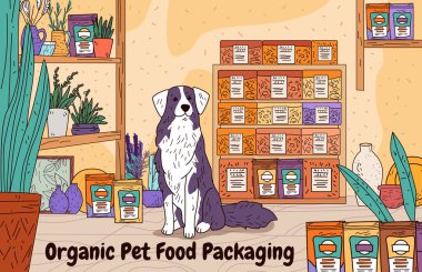 Dog in pet store organic food packaging shelves plants colorful design indoor setting Vector illustration clipart