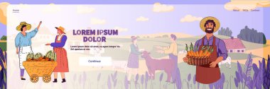 Çiftçi pazarları kırsal yaşam tarzı tarımı. Tarlalarda hayvan evleri ve bitkileri olan insanlar. Canlı renkler ve pastoral ortam. Web sitesi tasarımı. Vektör illüstrasyonu.