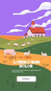 Koyun otlatma çiftliği sahnesinde mor gökyüzünün altında yuvarlanan tepelerde otlayan koyunlar arka plandaki mobil uygulama ekranında kırmızı çatılı çiftlik evi. Vektör illüstrasyonu.
