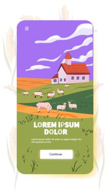 Mor gökyüzünün altında koyun otlatan bir çiftlik arazisi ve mobil uygulama ekranında kırmızı çatılı bir çiftlik evinin yakınındaki bulutlar. Vektör illüstrasyonu.