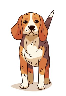 Beagle dog şirin çizgi film stili kahverengi beyaz kulaklı kuyruklu renkli arka plan tasarımı Vektör illüstrasyonu.
