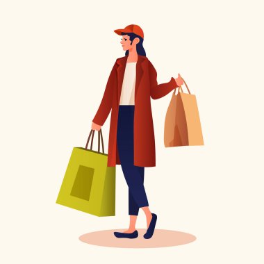 Kadın alıcı elinde meyve ve sebze dolu alışveriş torbaları organik gıda yerel eko ürünler dünya vejetaryen gün vektör ilüstrasyonu