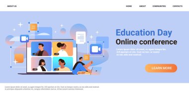 Yarış öğrencileri grubunun online video çağrısı sırasında laptop ekranı sanal konferans eğitimi gününde canlı Webinar e-öğrenim konsepti yatay fotokopi alanı illüstrasyonunu tartışması