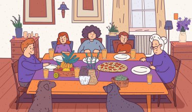 Aile yemeği, sıcak ev dekorasyonu. Pizza meyveli bir masada oturan insanlar yakınlardaki sıcak renkli iç dekorasyonlu köpekleri içiyorlar. Web sitesi tasarımı için mükemmel. Vektör illüstrasyonu.