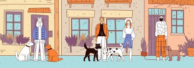 Açık havada köpekleri olan insanlar sahne renkleriyle dolu evler gelişigüzel giyinmiş kentsel kıyafetler giyip arkadaşlık konsepti illüstrasyonu çiziyorlar.