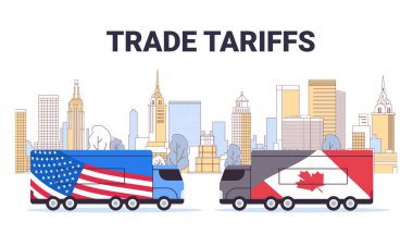 ABD Kanada bayraklı kamyonlar ticaret tarifeleri kavramını resmediyor kentsel ufuk çizgisi arkaplan vektör çizimi