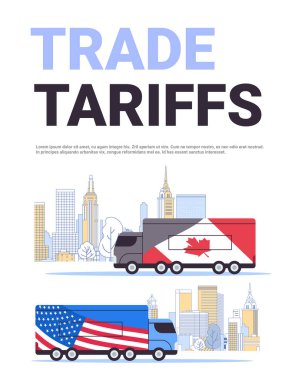 Ticari tarifeler konsept kamyonlar bayraklar şehir manzarası arka planı Kanada ABD vektör illüstrasyonu