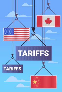 Bayraklı nakliye konteynerleri ticari savaş konseptini resmediyor. Mavi gökyüzüne karşı vinçler tarafından askıya alınan konteynırlar uluslararası gümrük tarifeleri çatışmasını simgeliyor. Vektör illüstrasyonu.