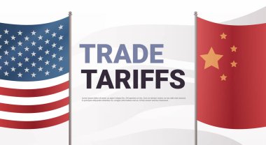 ABD ve Çin bayrakları çatışma konsepti çizimi ticareti yapıyor. Soyut geçmişe sahip direkler üzerinde Amerikan ve Çin bayrakları. Vektör illüstrasyonu.