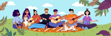 Grup piknik müziği çeşitli insanları toplayıp gitar çalıyorlar. Parkta yapraklarla çevrili köpeklerle birlikte battaniyede oturuyorlar. Açık hava temalı parlak renkler çiziyorlar..
