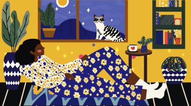 Rahat bir ev dekorasyonu yapan kadın kedi pencere rafı canlı renkler çizer sanatsal tasarım vektör çizimi