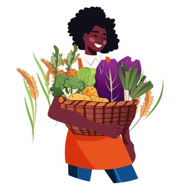 Sepet dolusu sebze tutan mutlu çiftçi. Canlı üretim ve buğday elementleri. Brokoli havuçlu, pırasalı, renkli, neşeli bir sahne. Web tasarımı için ideal. Vektör illüstrasyonu.