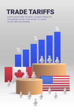 Bayrak simgeleri ve podyumlar üzerinde rakamlarla ticaret tarifleri kavramı mavi grafik arkaplan ekonomik etki teması illüstrasyonuName