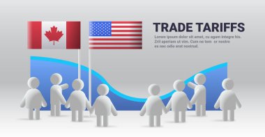 Bayraklar ve rakamlarla ticaret tarifesi konsepti. İnsanlar soyut grafik geçmişi olan Kanada ve ABD bayrakları altında toplanıyorlar. İş çatışması teması. Vektör illüstrasyonu.