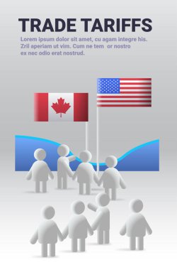 Ticari tarifeler kavramı, Kanada ve Amerika bayraklarının yanında ekonomik ilişkileri sembolize eden değişken bir geçmişe sahip kişilerin el sıkışması. Vektör illüstrasyonu.