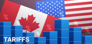 Gümrük vergisi ticareti Kanada Birleşik Devletleri ekonomik etki çubuğu yüzde sembolleri mavi kırmızı arka plan illüstrasyonunu işaretledi.