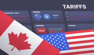 Kanada Birleşik Devletleri ticaret savaş konsepti, Kanada ve Amerika bayraklarını karanlık bir ekonomik analiz üzerinde grafik ve grafiklerle örtüşen tasvir ediyor. Vektör illüstrasyonu.