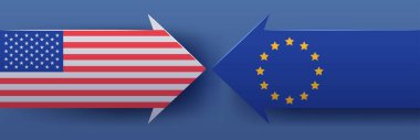 Mavi gradyan üzerinde Amerikan ve Avrupa bayrakları bulunan karşıt oklarla ABD ve AB ticaret anlaşmazlığı kavramı. Vektör illüstrasyonu.