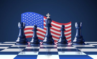 Satranç taşları savaş konsepti çizimi. Amerikan bayrağı arka planında sallanan satranç taşları stratejik çatışmayı sembolize ediyor. Sancaklar ve şablonlar için uygun. Vektör illüstrasyonu.