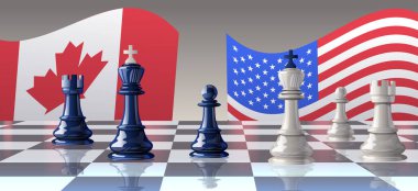 Satranç taşları ticari savaş konsepti Kanada ABD bayrakları satranç tahtasında gösterilen mavi ve beyaz parçalar stratejik çatışma uluslararası ilişkiler vektör ilüstrasyonunu sembolize ediyor.