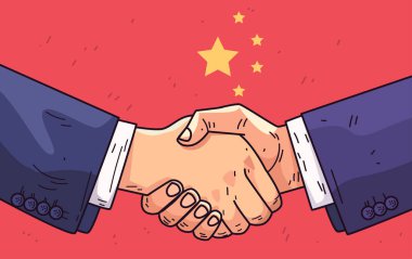 El sıkışma ticaret anlaşması kavramı. Kırmızı bir arkaplanda el sıkışma ve uluslararası işbirliği anlaşması olan Vektör illüstrasyonunu temsil eden yıldızlar.