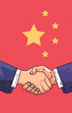 Çin bayraklı el sıkışma, ticaret anlaşması iş ortaklığı diplomasisini simgeliyor. Kırmızı perde, vektör ilüstrasyonunu temsil ediyor.