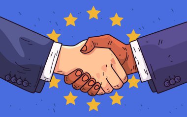 Mavi üzerine sarı yıldızların arka planında el sıkışarak el sıkışma anlaşması kavramı. İş birliği diplomasi teması. Vektör illüstrasyonu.