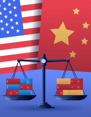 Ticaret savaş konsepti denge konteynerleri ABD Çin ekonomik gerilim uluslararası ilişkiler illüstrasyonunda