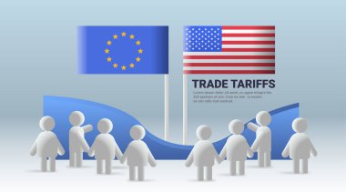 AB, Avrupa Birliği ve ABD vatandaşlarının bayraklarıyla birlikte mavi gradyan web sitesi tasarımı Vektör illüstrasyonunu tartışıyor