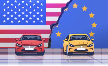 ABD 'deki ticaret savaşı konsepti, ABD' nin parçalanmış ABD ve AB bayraklarına karşı karşıya duran iki arabayı tasvir ediyor. Bu durum, gümrük vergilerindeki çatışmaları simgeliyor..