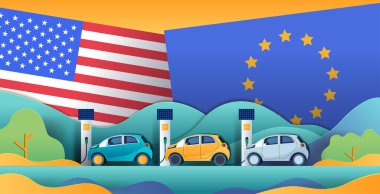 ABD AB ticaret savaş arabaları elektrik santralleri tepeleri renkli manzara çizimleri bayraklandırdı