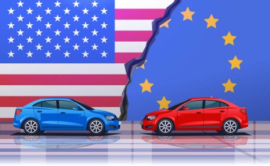 Ticari savaş illüstrasyonu ABD 'li AB arabalarıyla karşılaşmalar bayrakları mavi kırmızı araçlar konsept illüstrasyon